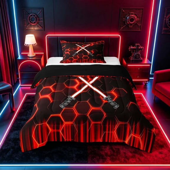 meiyoeat Neon Lights Twin Comforter Sets for Boys, Sci-Fi Red Gaming Bedding Set, Black Reversible 2-Piece, 1 Comforter and 1 Pillowcase