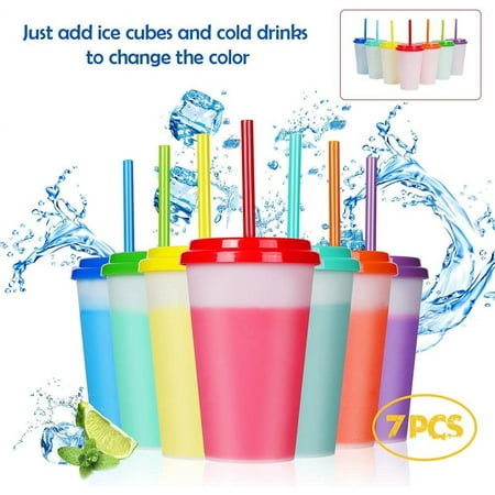 Bexikou Color-Changing Plastic Cups with Lids & Straws, 7 Pack