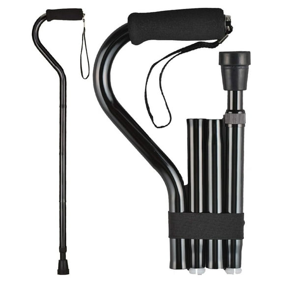 KioJJp Medical Products Folding Walking Cane with Soft Grip Handle and Carry Strap, Foldable and Adjustable Travel Cane with Offset Comfort Handle, Black (3060BK)