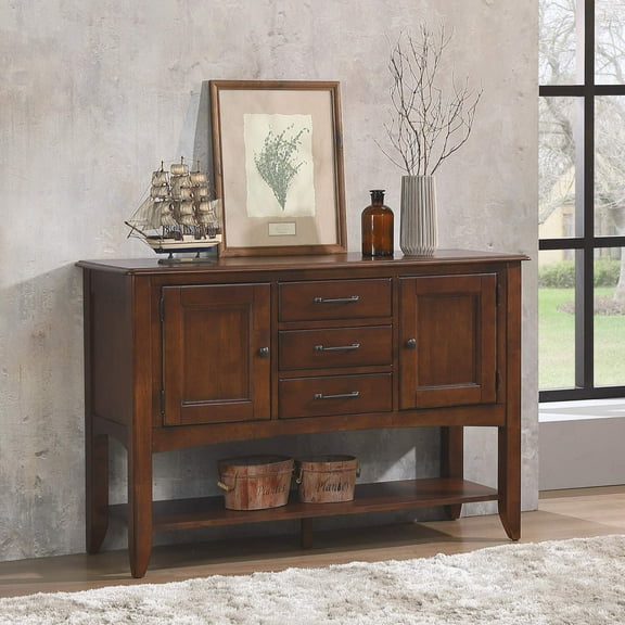Andrews 3-Drawers 1-Large Open Shelf Cabinet Sideboard in Chestnut Brown Wood