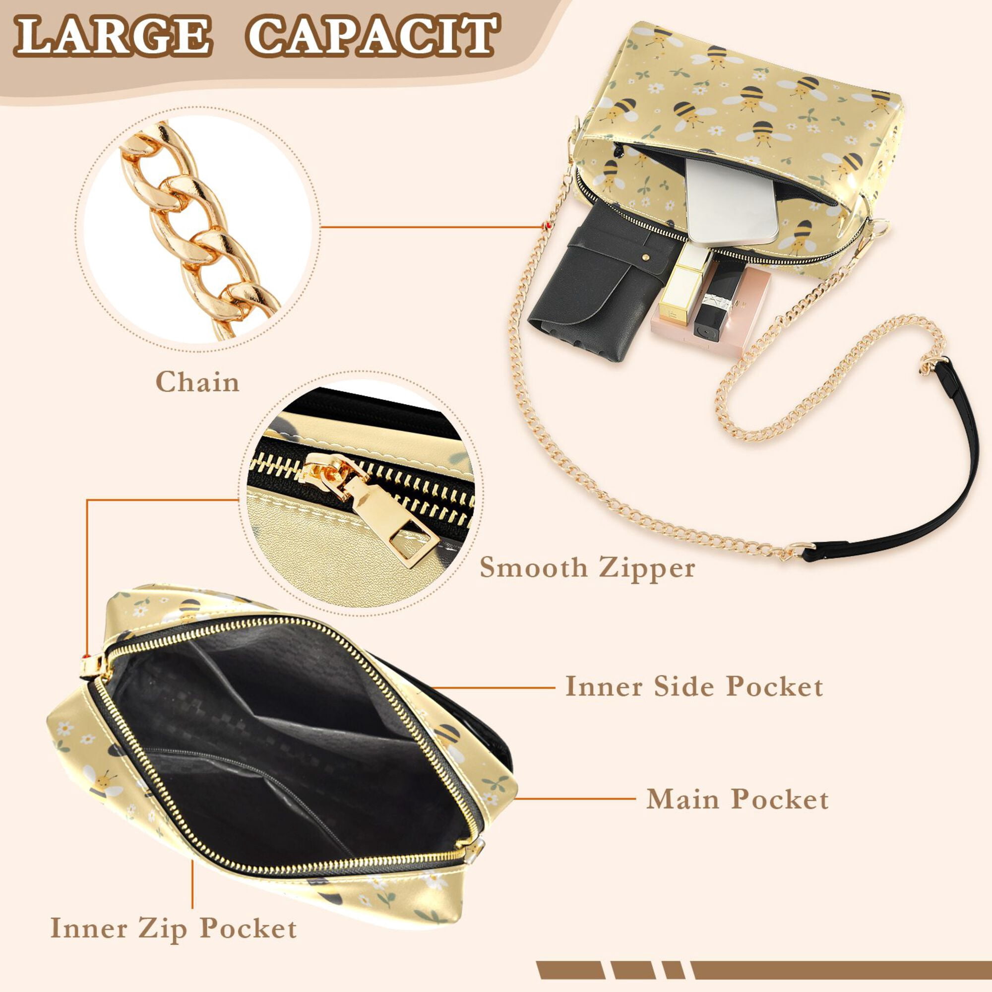 FORMRS Women Crossbody Purse with Chain Strap Vegan Leather Shoulder Handbag, Cute Bee Pattern