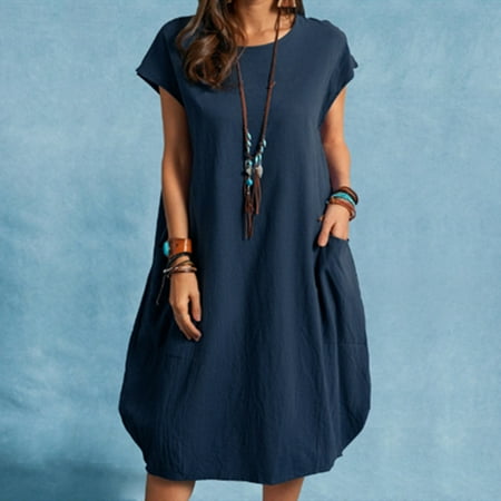 

Jsaierl Women s Cotton Linen Dresses Summer Casual Short Sleeve Midi Dress Cute Solid Color Crewneck Dress Bohemian Breezy Dresses 2023