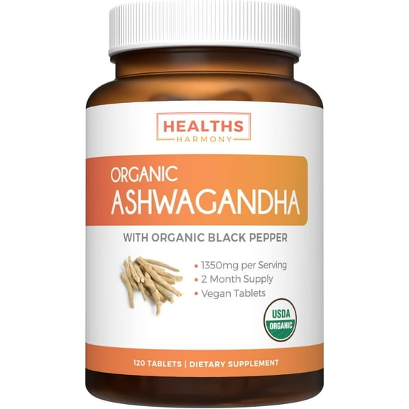 Healths Harmony 1350mg Organic Ashwagandha Root Supplement with Black Pepper, 120 Tablets