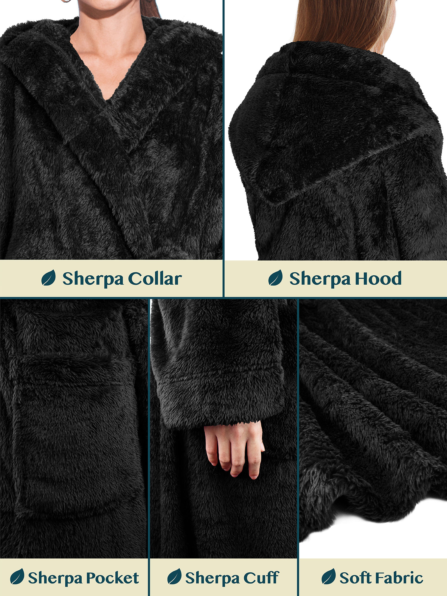 PAVILIA Women Hooded Plush Soft Robe | Fluffy Warm Fleece Sherpa Shaggy Bathrobe (L/XL, Black) - image 4 of 7