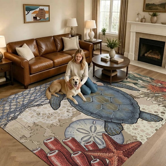 Coastal Blue Sea Turtle Washable Area Rug 5x7 Vintage Nautical Compass Coral Ocean Low-Profile Large Area Rugs with Non Slip Backing Indoor Floor Carpet for Entrance Living Room Bedroom Home Office