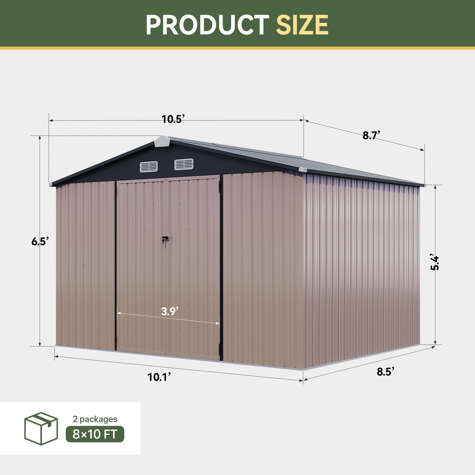 BaPiPro 10x8 ft Outdoor Metal Storage Shed, Heavy Duty Garden Tool Shed with Lockable Doors for Patio, Backyard, Brown