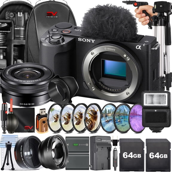 Sony ZV-E10 II Mirrorless Camera (Black) with 16-50mm Lens 2 Pack 64GB Memory Card Backpack Filter Kit Full Size Tripod SV Premium Accessory Bundle (International Model)