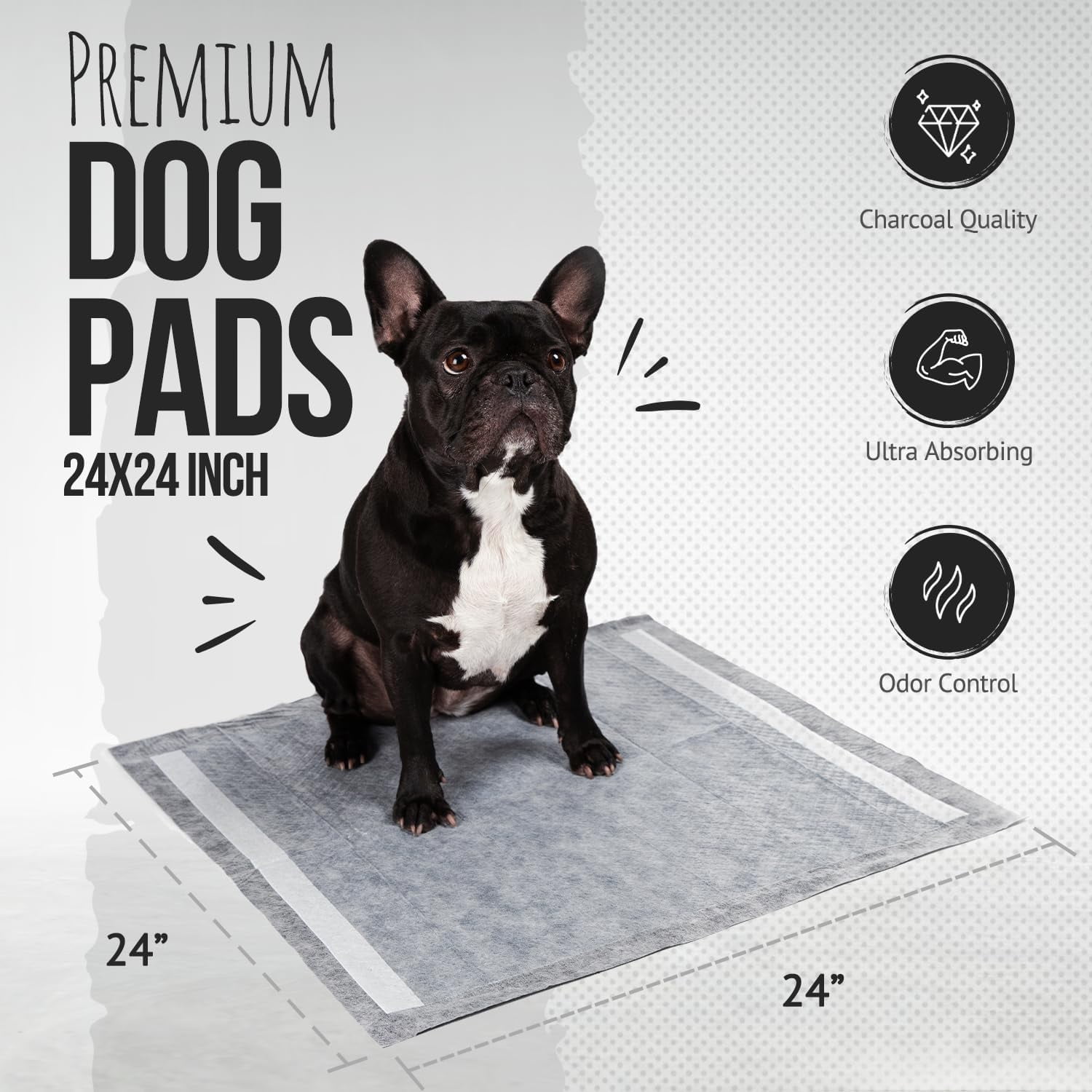Bulldogology Premium Carbon Black Puppy Pee Pads with Adhesive Sticky Tape - Large Housebreaking Dog Training Wee Pads (24x24) 6 Layers with Extra Quick-Dry Bullsorbent Polymer