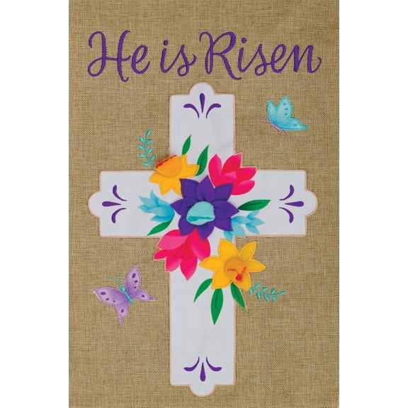 Custom Decor Floral Cross He is Risen - Garden Size, Embroidered Burlap Applique Style, Double Sided Decorative Flag - Approx. 12 Inch X 17.98 Inch