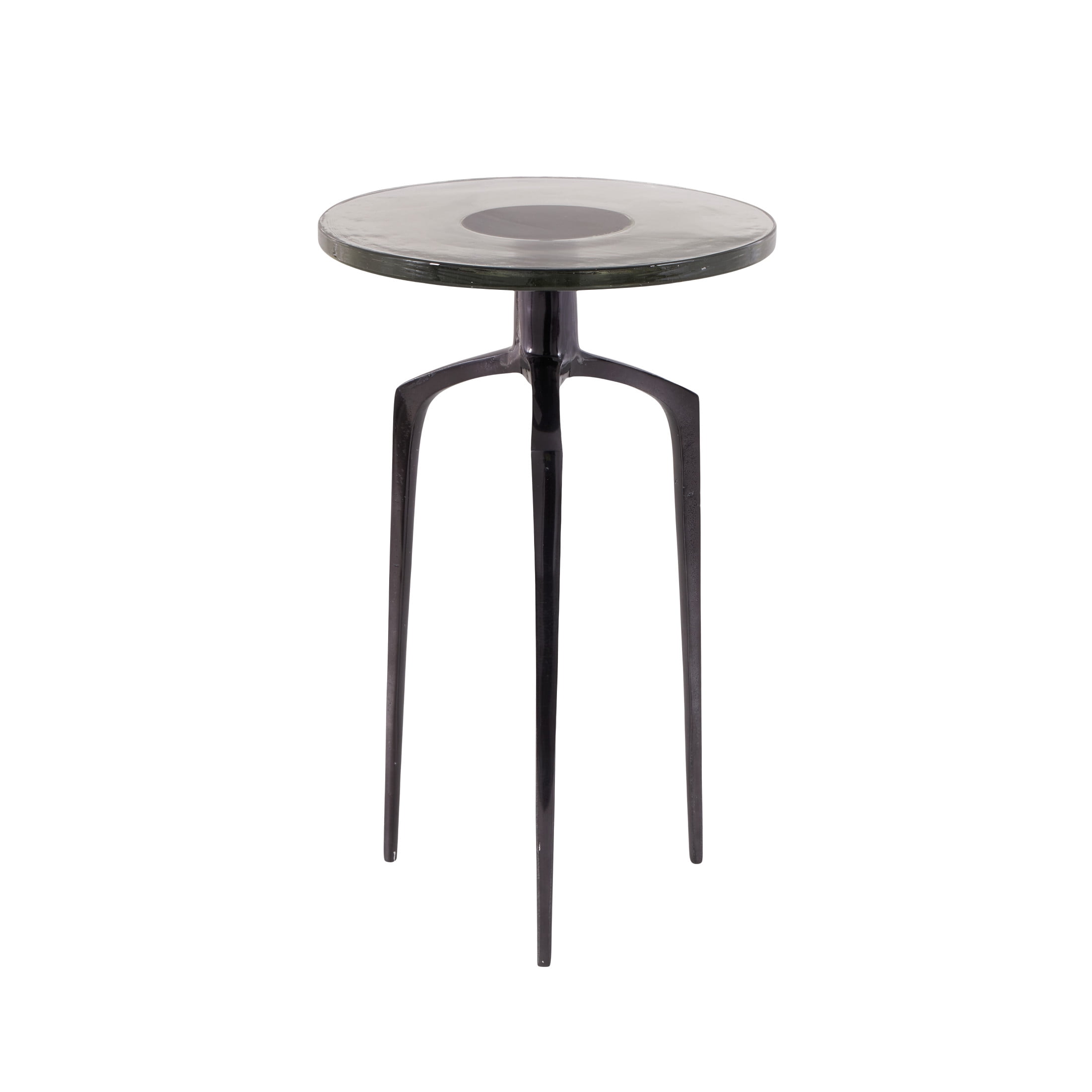 DecMode 13" x 22" Black Aluminum Metal Small Tripod Accent Table with Textured Glass Tabletop, 1-Piece