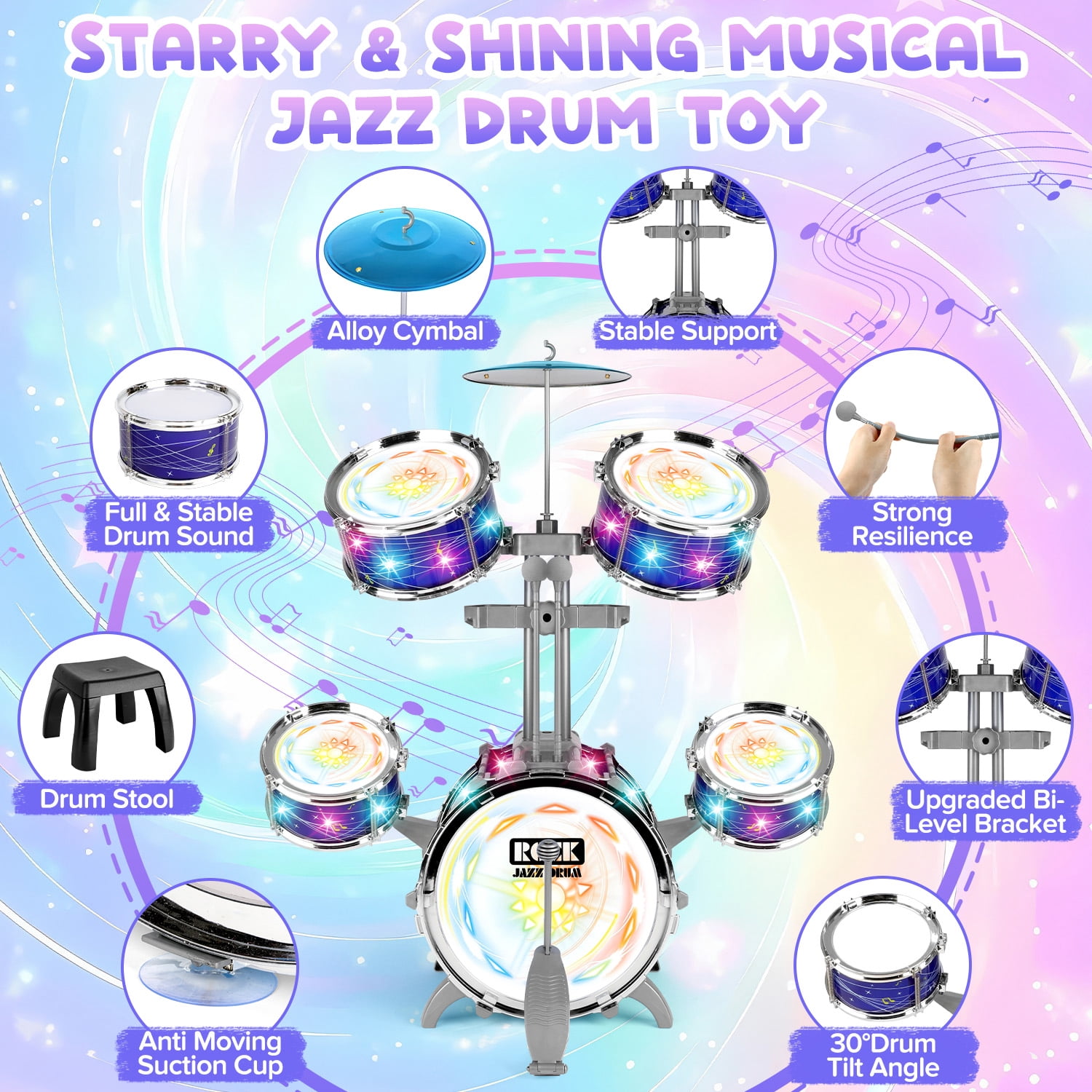 Huge Wave Kid Drum Set for Toddler 1-3 Years, Big Size Beginners Jazz Drum Set, Induction Sound and Light, Instrument Birthday Gift for Boys Girls