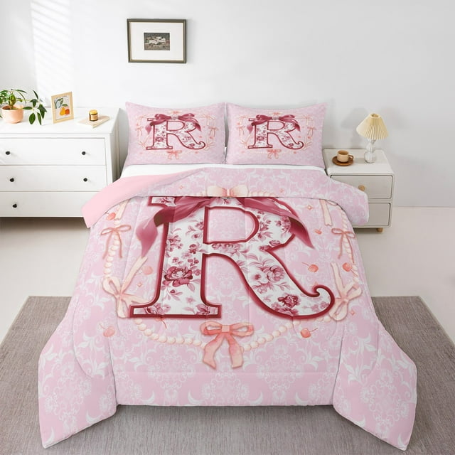 Erosebridal Letter Personalized Comforter Sets Queen Size,Bowknot Flower Bedding Queen Comforter Set,Pink Red Comforters & Duvets,Lightweight Initial Room Decoration,Reversible,3-Piece