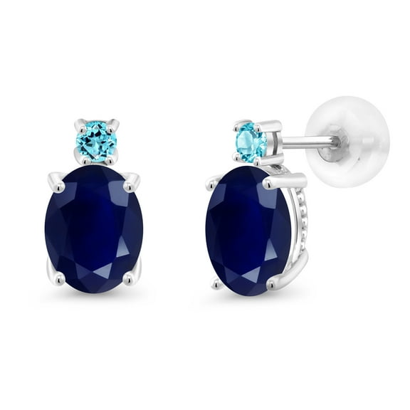 Gem Stone King 14k White Gold Blue Sapphire and Swiss Blue Topaz Earrings for Women (3.74Cttw, GemstoneSeptember Birthstone, Oval 8X6MM, Round 2.5MM)