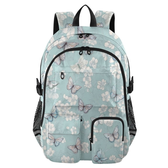 DIXRUYEE Sky Blue Butterfly Backpack for School 14”Laptop Compatible with Reflective Safety Strips