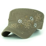 ililily Crystal Gemstone Stud Flower Vintage Cotton Military Army Hat Cadet Cap , Olive Drab