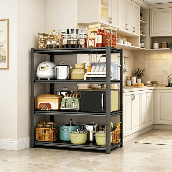 Kitchen Storage Shelves 1600LBS Microwave Shelf Metal Shelving 4-Tier Adjustable Garage Shelving unit Storage Racks for Warehouse, Basement, Living Room, Pantry, 35.4"W × 15.7"D × 54"H, Black