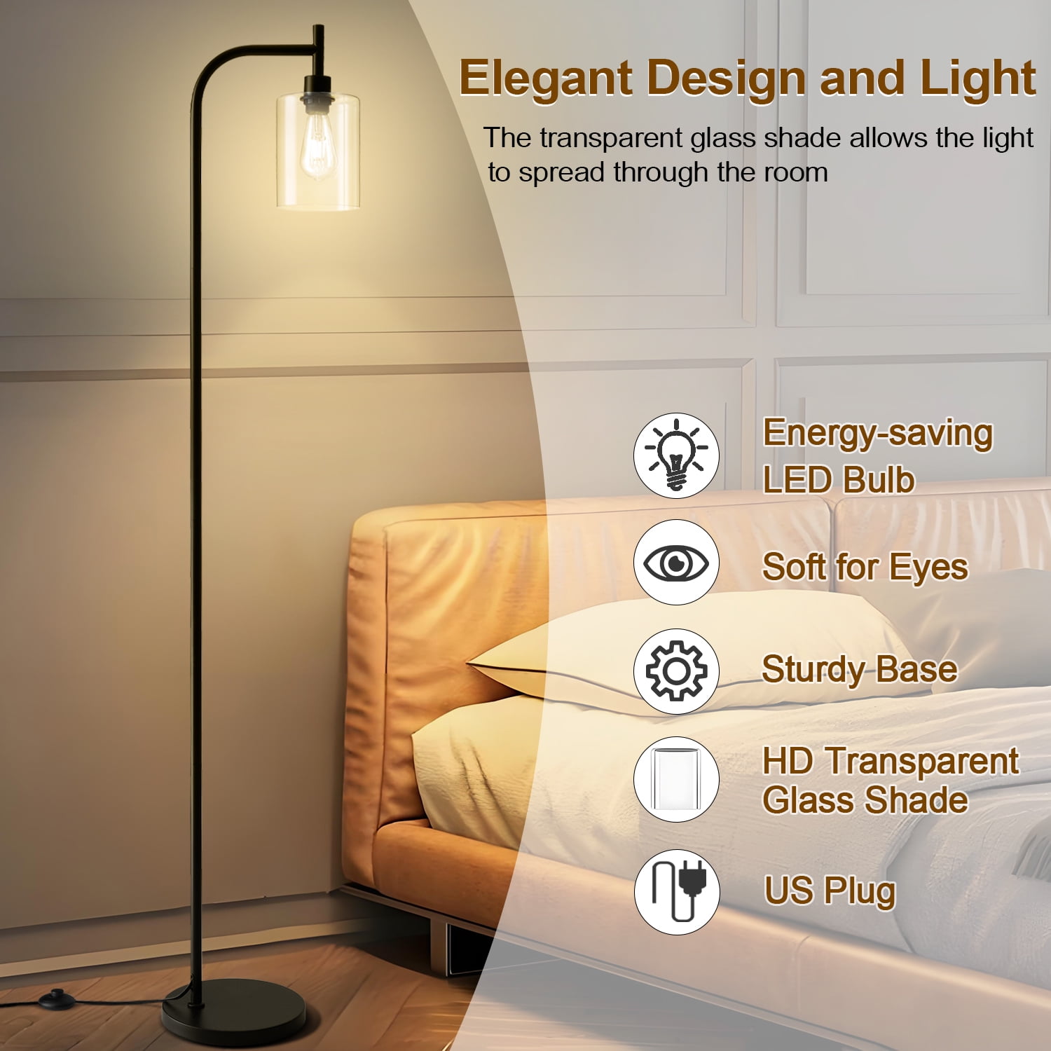 Vesteel Arc Floor Lamp for Living Room, Modern Standing Lamp with Glass Lampshade, Industrial Metal Tall Lamp for Home Bedroom Office, Foot Pedal Switch & LED Bulb Included