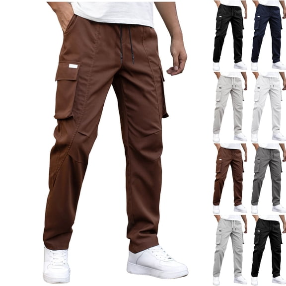 LIBRCLO Cargo Pants for Men Elastic Waist Straight Leg Pants Solid Color Casual Trousers with Multiple Pockets, Brown