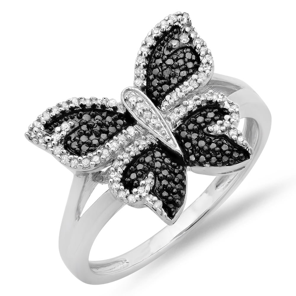 Sterling Silver Black & White Diamond Butterfly Ring - 0.24 Carat Right Hand Ring, Size 6