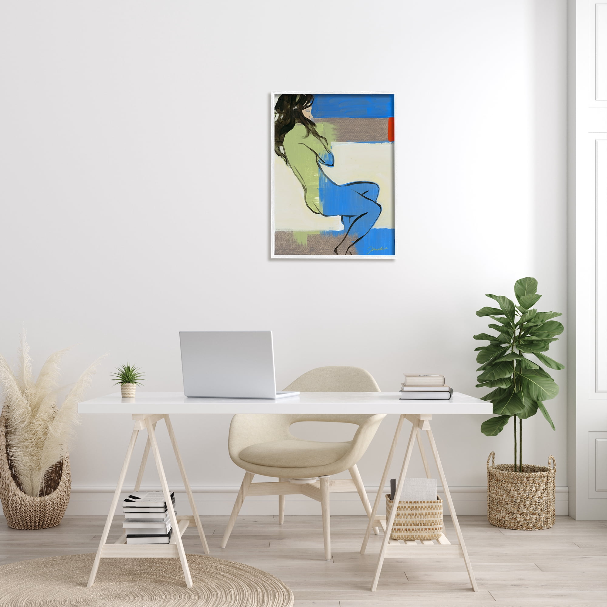 Stupell Industries Abstract Woman Laying over Geometric Shape Collage Modern Painting White framed Art Print Wall Art, 24 x 30, Design by Liz Jardine