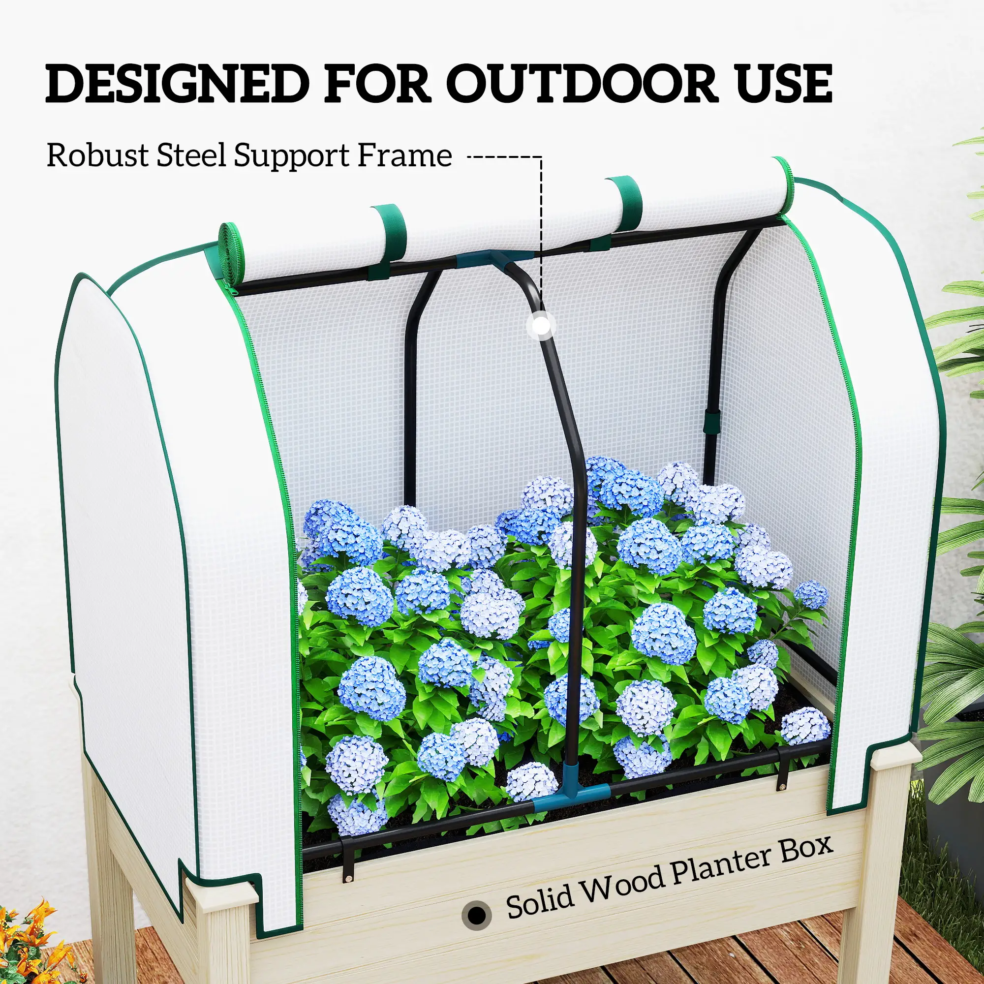 Raised Garden Bed with PE Cover, Fir Wood & Steel Frame, Roll-Up Ventilated Cover, Non-Woven Fabric, 4 Drainage Holes for Flowers Vegetables Outdoor