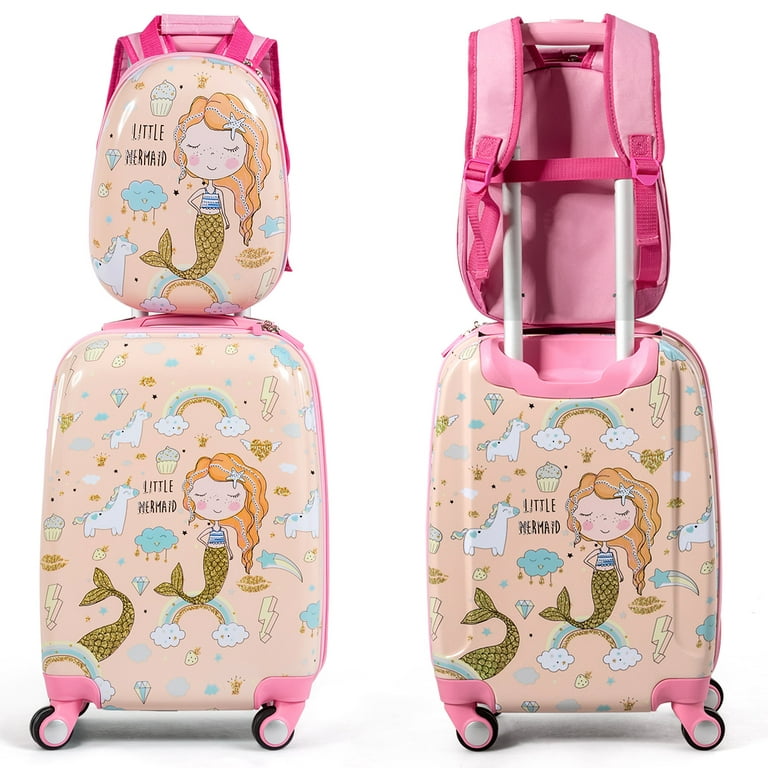 VLIVE Mermaid Kids Carry on Luggage 18 in. Set of 2 with Spinner Wheels Pink