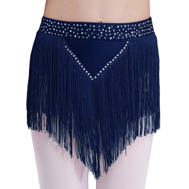 Manyakai Jupe de Danse pour Filles Enfants à Franges, Latin, Ballroom, Salsa, Rumba, Performance, Jupe à Franges Superposées Brillante Bleu Marine 10