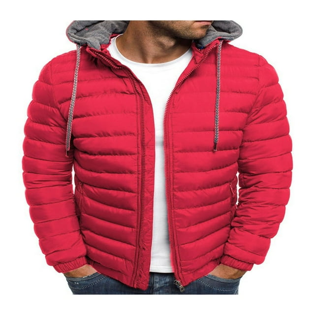 Men Winter Down Hooded Jacket Solid Color Long Sleeves Zip Up Outerwear Warm Coat with Pockets