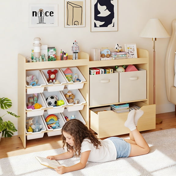 JOYLDIAS Kids 4 Tier Storage Organizer Bookshelf with 9 Box Bins, 3 Drawers, 2 Open Cubbies & Storage Bins, Hidden Wheels