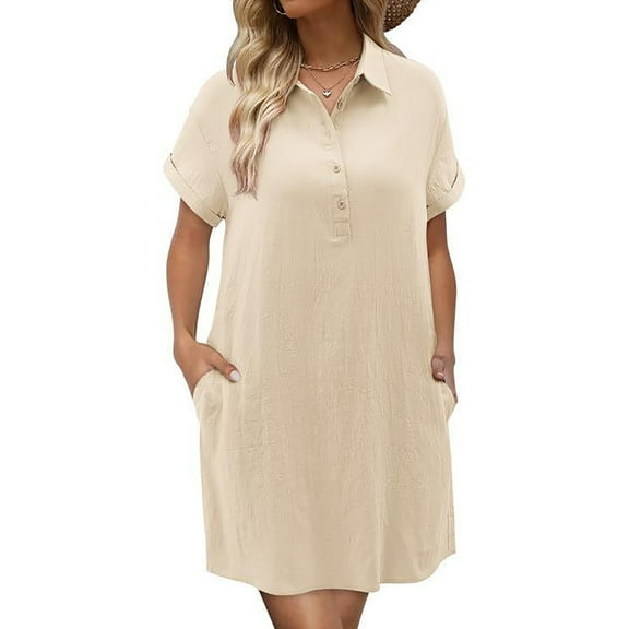qolati Summer Dresses for Women 2025 Cotton Linen Shirt Dress Casual Short Sleeve Button Down Beach Cover Up Shirts Sun Dress with Pockets