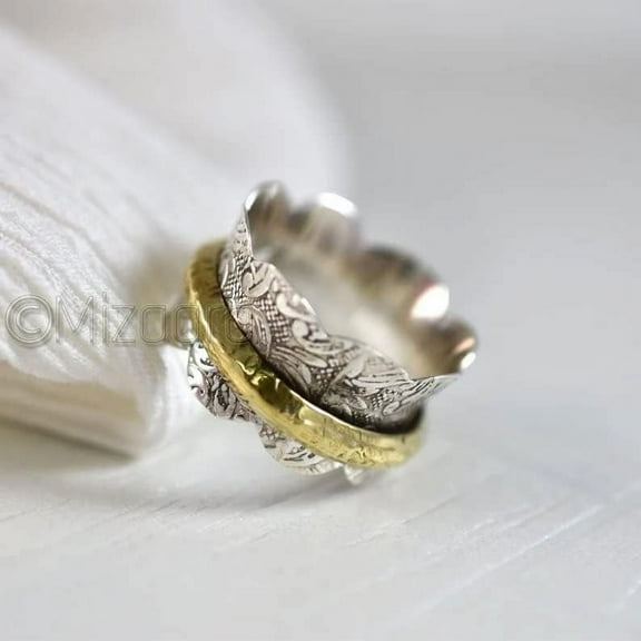 Mizaara, 925 Sterling Silver Anxiety Meditation Spinner Ring, Gold Plating Band Two Tone Ring, Floral Design Ring, Fidget Worry Spinning Ring For Her