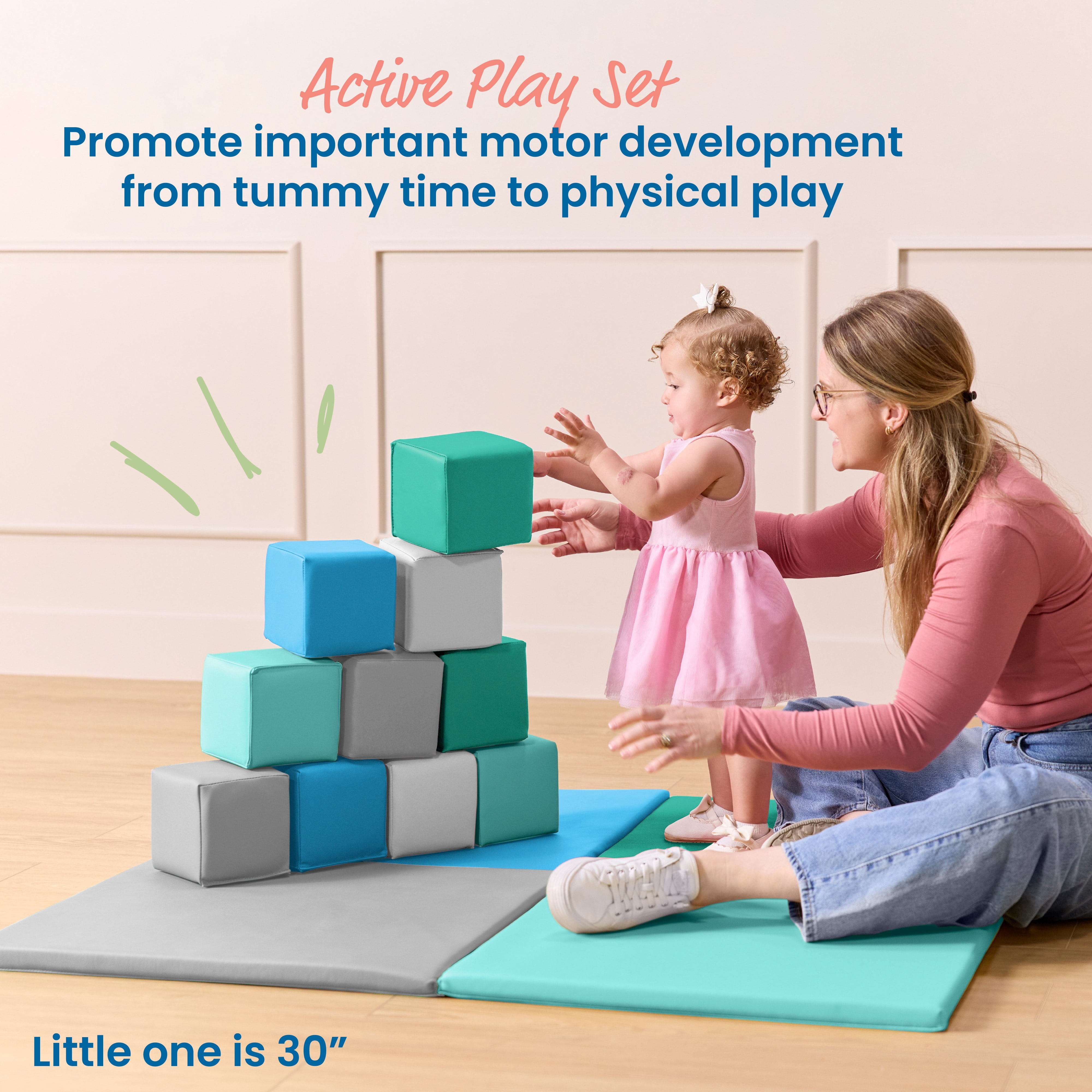 ECR4Kids SoftZone Quad Fold-N-Go Mat and Patchwork Toddler Blocks, Soft Play, Contemporary, 13-Piece