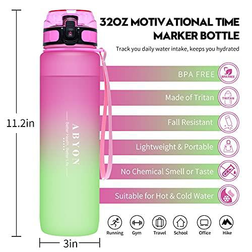 BPA Free Tritan Plastic Sports and Fitness Motivational Water Bottle with Time Markings Track Intake and Hydration ABYON 32 oz Leak-Resistant Flip Top Drink Spout