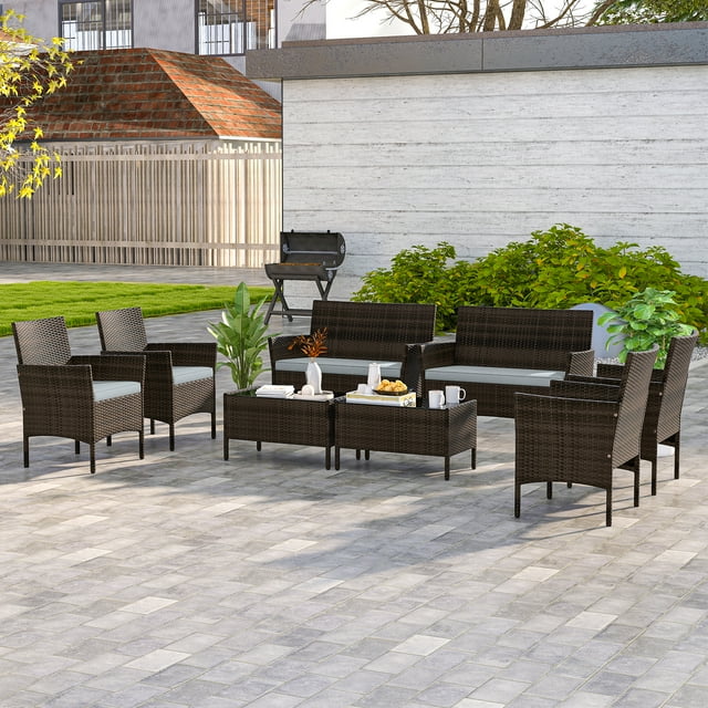 Costway Ensemble de Mobilier de Patio 8 Pcs avec Coussins Lavables et Table Basse en Verre Trempé Gris