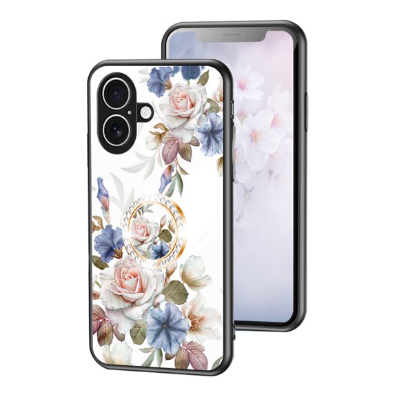 Dteck Case with Diamond Ring Holder for iPhone 17,Shockproof TPU Bumper Tempered Glass Back Flower Pattern Slim Cover , White