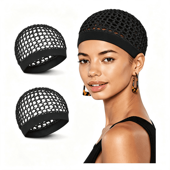 TUWAFE 2 Pieces Hair Nets for Sleeping & Silk Press Crochet Mesh Hairnet Doobie Tubi Hair Wrap Cover Night Cap Black Hair Nets for Sleeping