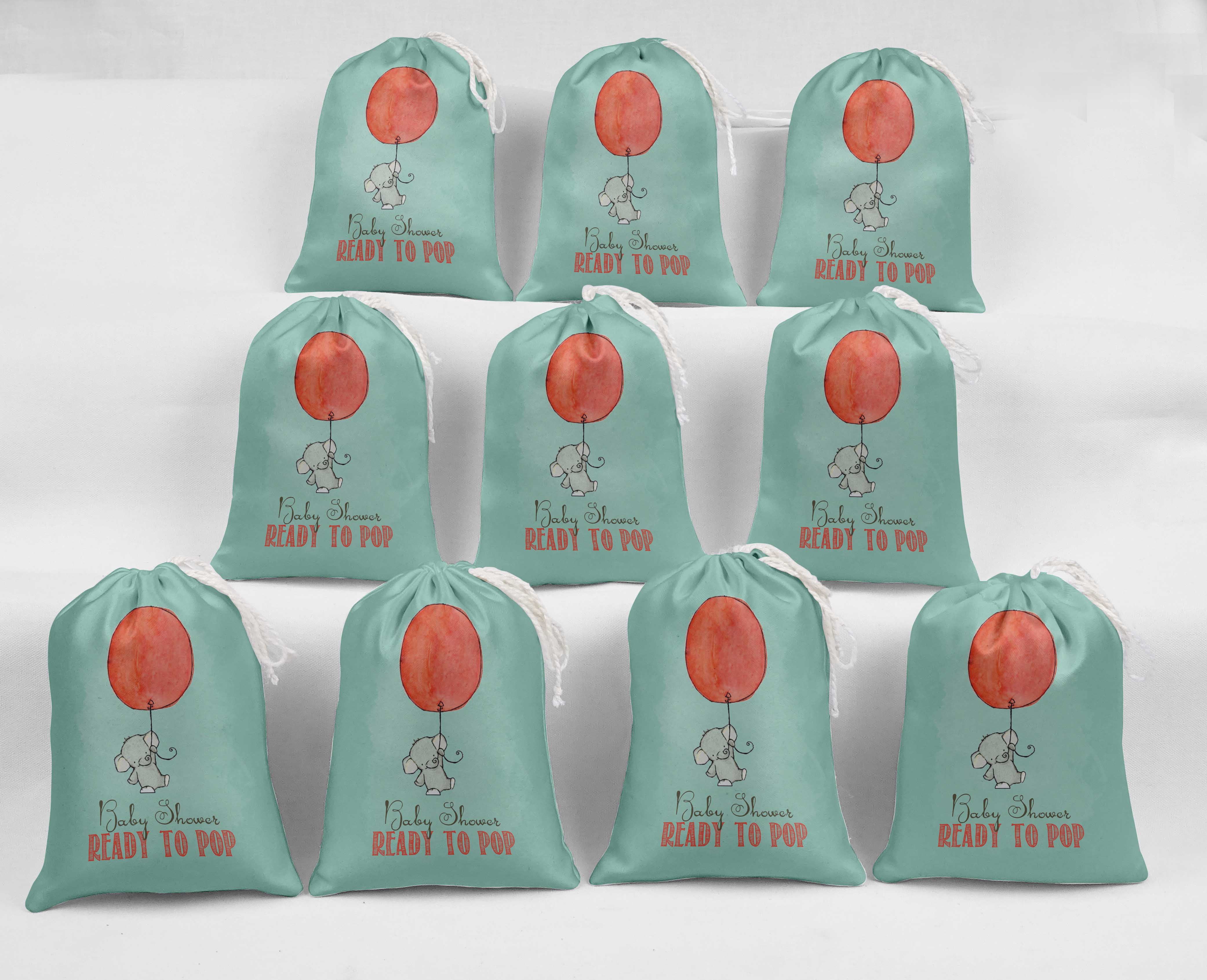 Darling Souvenir Green Elephant & Ready To Pop Baby Shower Party Supplies Favor Bags&nbsp;Drawstring Pouches&nbsp;15 Pieces