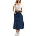 thumbnail image 2 of INSPIRE CHIC Women's Skirt Denim Button Down Front Slit High Waisted A Line Pockets Midi Jean Skirts M Dark Blue, 2 of 6
