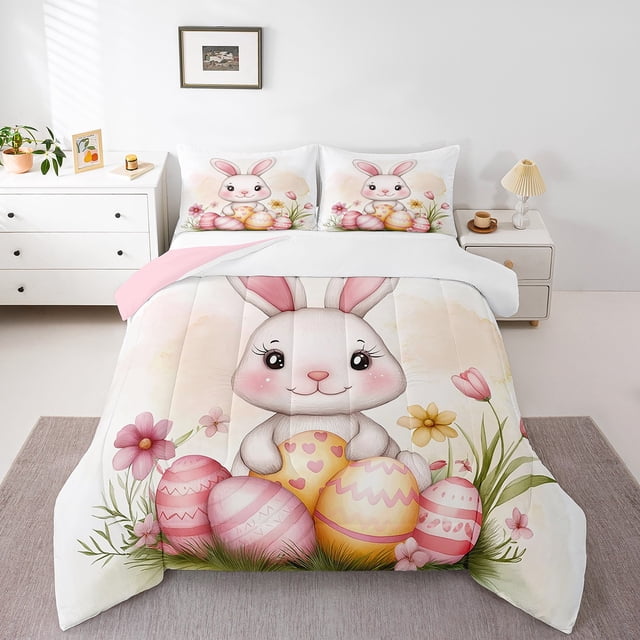 Erosebridal Cartoon Bunnies Rabbit Bedding Todder Comforter Set, Watercolor Easter Eggs Blossoms Down Comforter, Reversible 2 Pieces