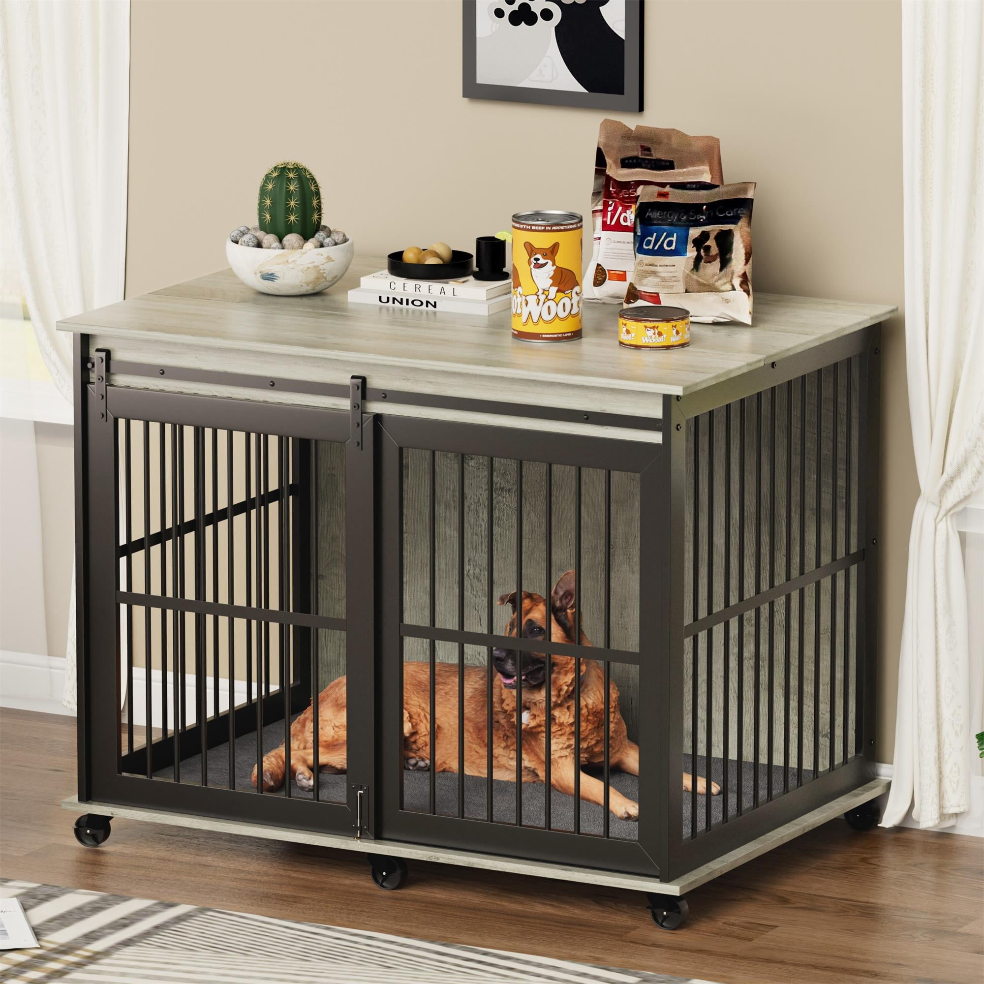 Pefilos 43" Heavy Duty Dog Crate, Furniture Style Dog Cage Sliding Iron Door with Wheels, Mat, Dog House for Indoor Dogs, Gray Pefilos 43" Heavy Duty Dog Crate, Furniture Style Dog Cage Sliding Iron Door with Wheels, Mat, Dog House for Indoor Dogs, Gray
