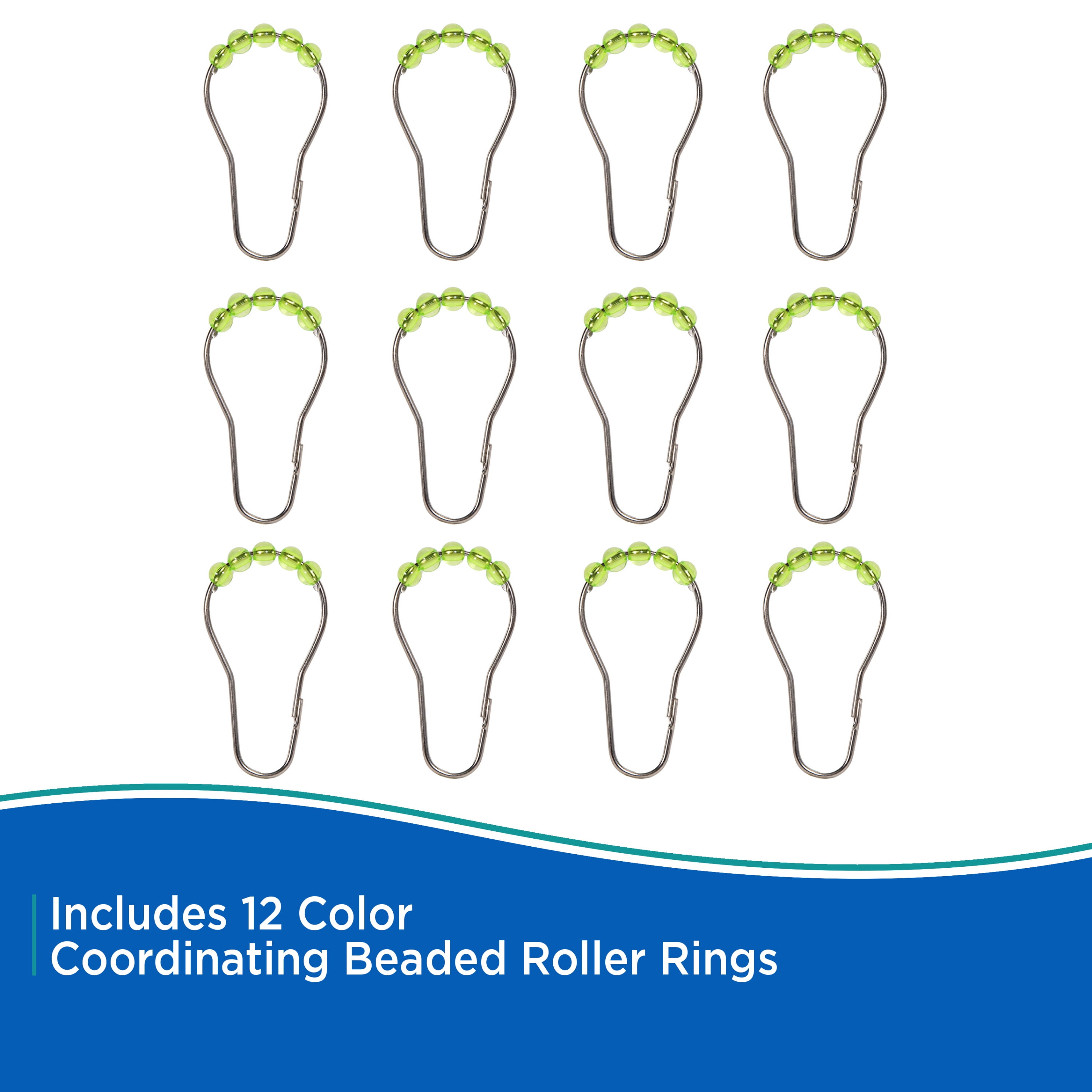 Kenney Medium Weight PEVA Shower Curtain Liner and Beaded Roller Ring Set, 70" W x 72" H, Green