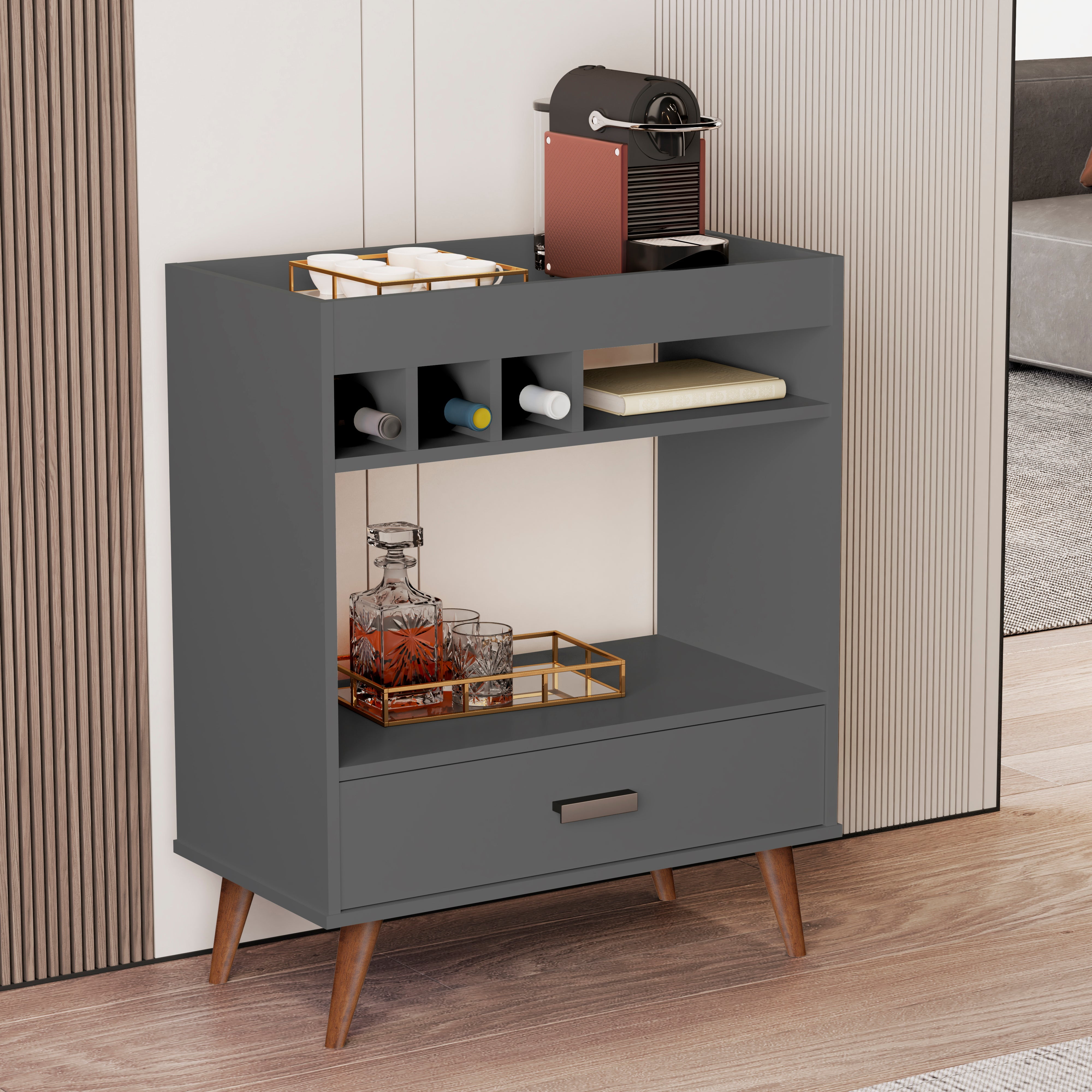 Boahaus Belfast Modern Mini Bar Cabinet 2 Drawers Wine Glass Rack Grey Matte Walmart