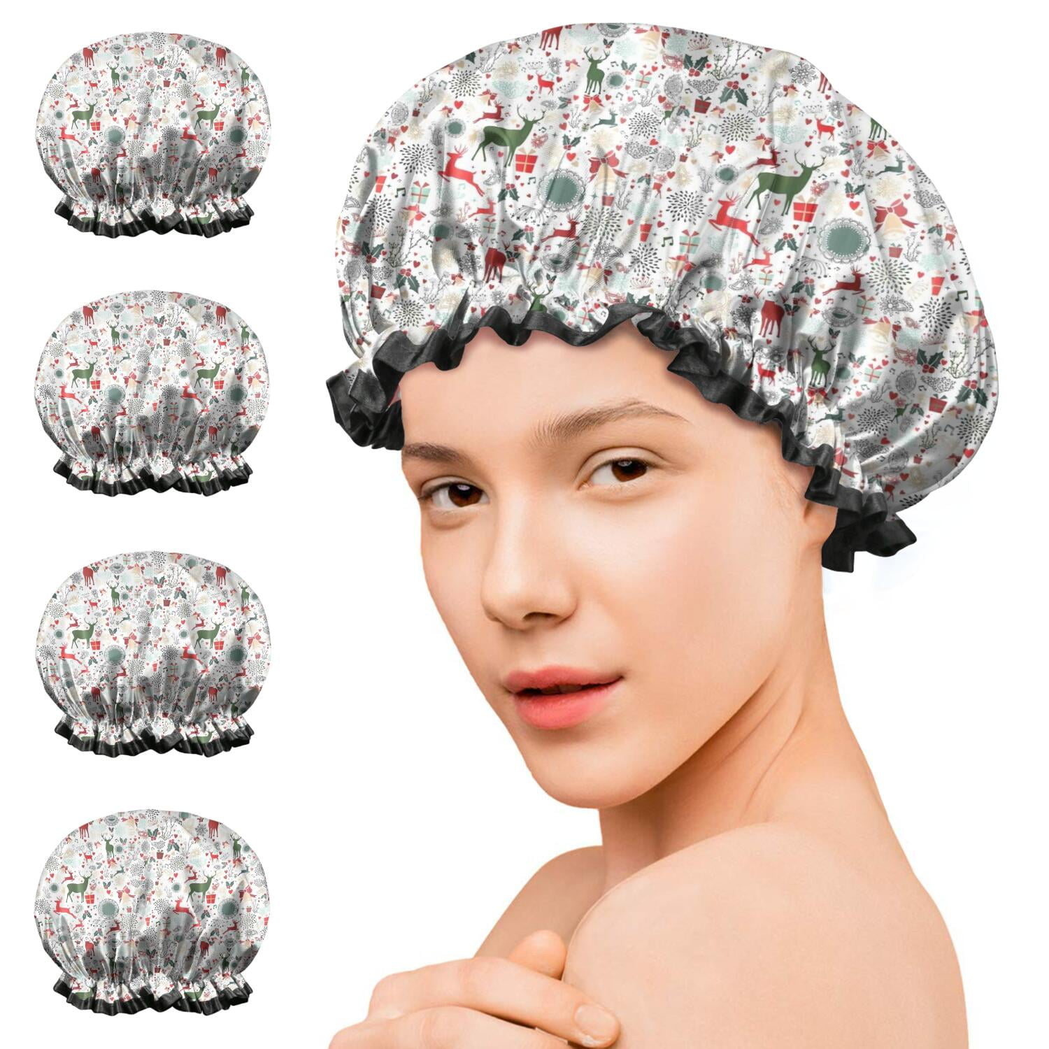 Shower Caps,White Christmas Deer and Gift Pattern Waterproof Shower Cap for Women 4 Pieces,Double Reusable Hair Cover for Shower PEVA Elastic Stretch Hem