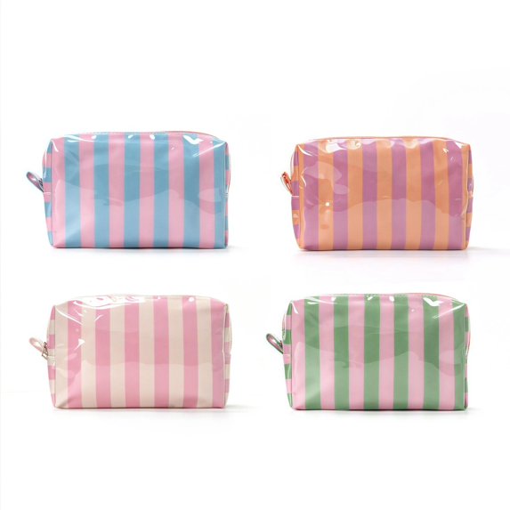 Pastel Striped PVC Cosmetic Bag, Waterproof Makeup Organizer Pouch with Zipper for Women Travel and Daily Essentials