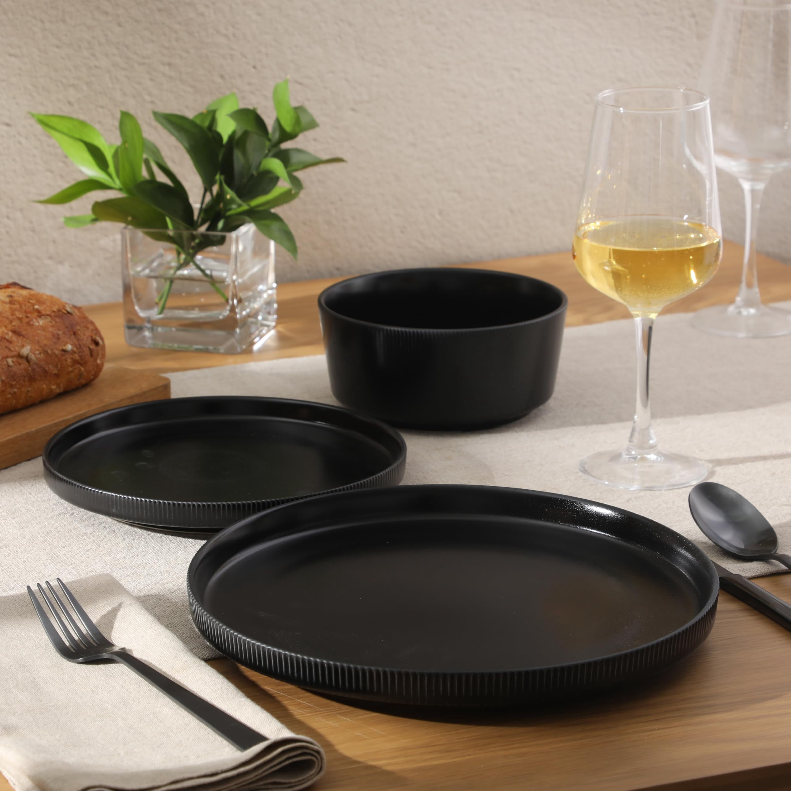 12-Piece Stoneware Dinnerware Set for 4, Cream Round Plates and Bowls, Modern Matte Finish, Microwave and Dishwasher Safe