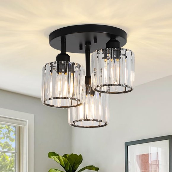 PAUFUL Crystal Semi Flush Mount Ceiling Light,3-Light Modern Close to Ceiling Light Fixtures,Black Kitchen Light Fixtures with Cl