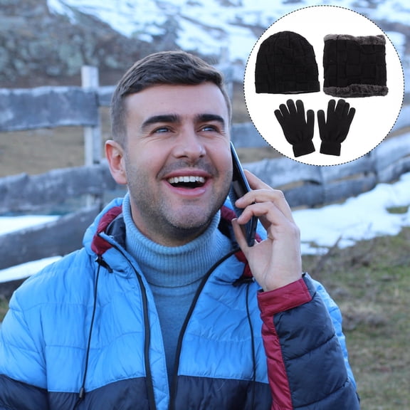 FOLOYORI 1Set Black Knit Scarf And Hat For Men Cold Weather Protection