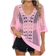 thumbnail image 3 of Tqyyweavej Womens Crochet Bathing Suits Coverups 3/4 Length Sleeve Solid Color Swimsuit Cover Up Loose Free Size Cover Ups for Swimwear Women, 3 of 7