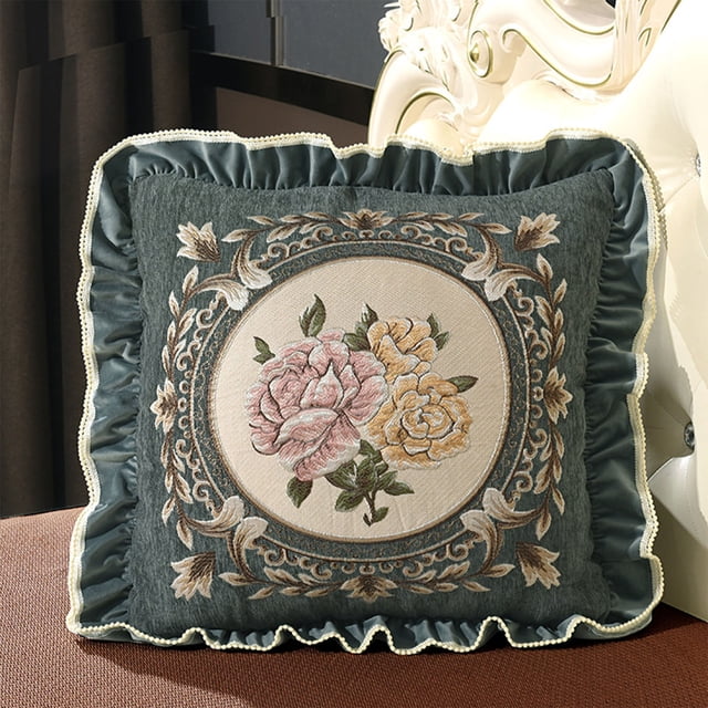 Almohada con bordado de encaje | Cojín decorativo para sofá y cama de 55 x 55 cm | Tejido de poliéster con ribete de borlas para sala de estar, dormitorio o coche