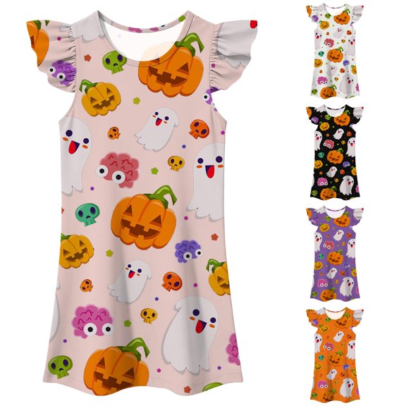 Gunia Kids Girl Nightgown Princess Pajama Dress Halloween Pumpkin Flutter Sleeve Summer Casual Cartoon Digital Print Dress Night Gowns Pjs Loungewear Pink 8-9 Years
